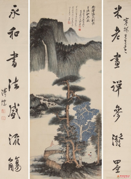 张大千《仿董源松泉图》 设色纸本 镜心 溥儒《行书七言对联》水墨纸本 镜心 121x48.3cm、131×20.5cm