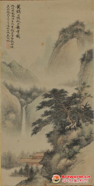 吴湖帆 《秋山萧寺图》 设色纸本立轴  70X35.2cm