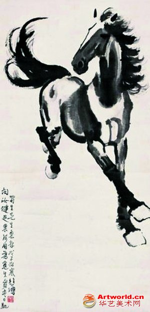 这幅《奔马图》被介绍是徐悲鸿创作于1948年的作品，左边题款处写有“蜀生先生惠存”的字样。