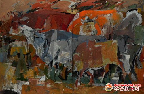 闫振铎《五牛图》 布面油画 260X400 2009