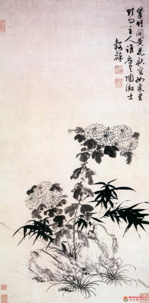 明 王彀祥《翠竹黄花图》