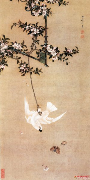 清 胡湄《鹦鹉戏蝶图》
