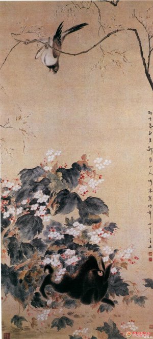 清 华喦《海棠禽兔图》
