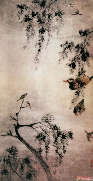 清 高其佩《柳塘鸳鸯图》