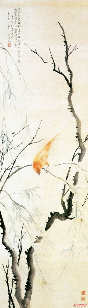 清 金礼赢《杨柳鸣禽图》