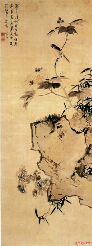  明 蓝瑛《拒霜秋鸟图》 