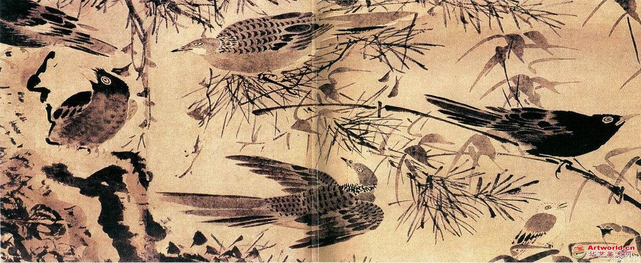 明 林良《灌木集禽图》