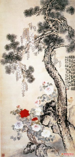 清 李鱓《松石紫藤图》
