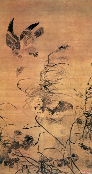 明 吕纪《残荷鹰鹭图》