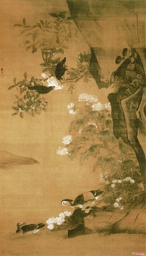 明 吕纪《崖下花鸟图轴》
