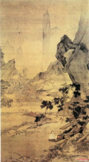 明 仇英《松溪横笛图》