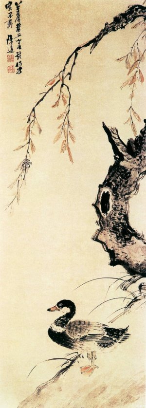 明 陈遵 《柳岸立凫图》