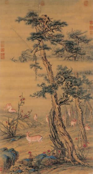 清-郎世宁《秋林群鹿图》