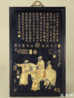 黑漆描金《明皇试马图》挂屏