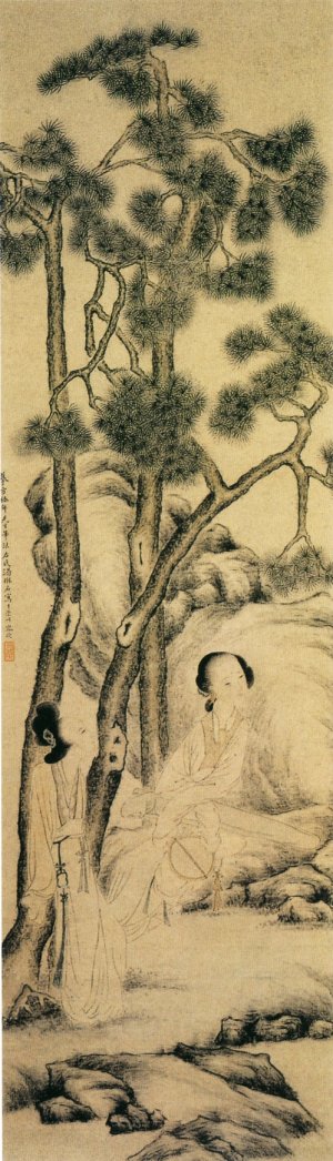 汤杼木名《摹方椿年松下仕女图》
