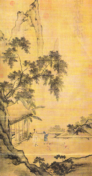 周臣的《闲看儿童捉柳花诗意图》