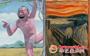 岳敏君的作品（左）和蒙克的《呐喊》（右）