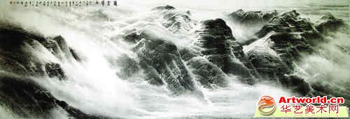许钦松的山水作品《岭云带雨》。